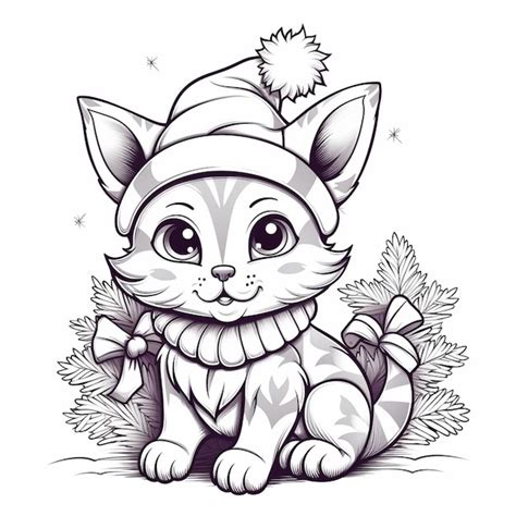 Premium AI Image Coloring Pages Of A Cat With A Christmas Hat And