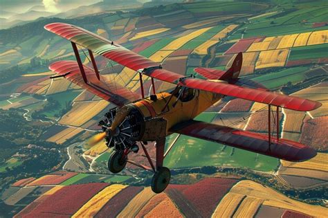 Premium Photo Vintage Biplane Flying Over A Patchwork Of Colorfu