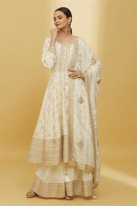 Buy Off White Anarkali Silk And Palazzo Dupatta Rose Leaf Pattern