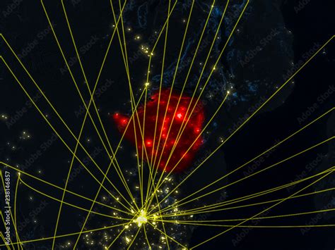 Zimbabwe From Space On Model Of Planet Earth At Night With Networks