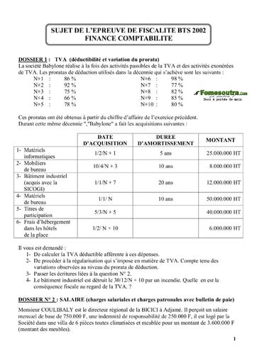 Sujet corrigé de Fiscalité BTS Finances Comptabilité et Gestion d