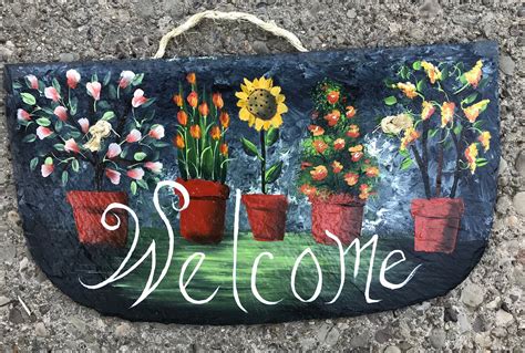 Hand Painted Slate Sunflower Welcome 5 Potted Fall Plants Etsy In