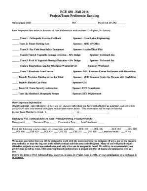 Fillable Online Egr Msu Ece Project Preference Ranking Form Egr