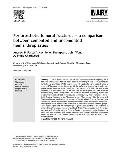 Pdf Periprosthetic Femoral Fractures A Comparison Between Cemented And Uncemented