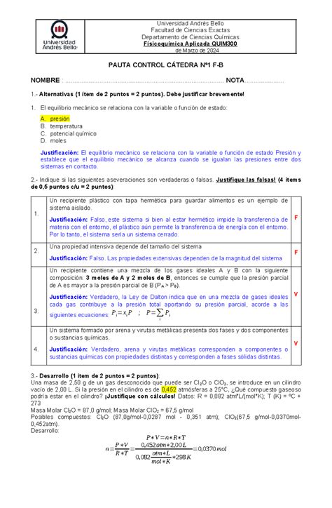 Pauta Control 1 Catedra QUIM300 2024 10 Forma B Universidad Andrés