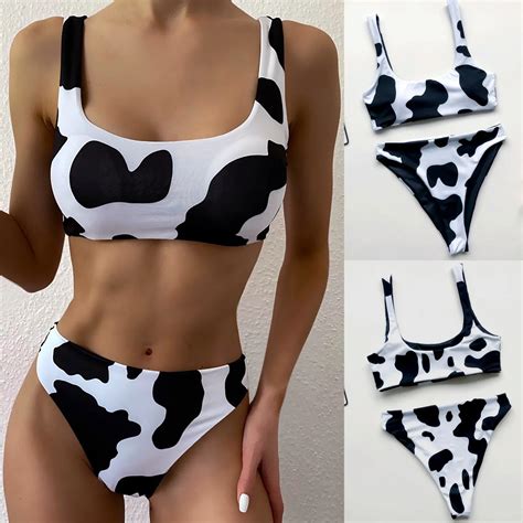 New Sexy Bikini Cow Print Tube Top Bathing Suit For Women Sexy High Breast Contrast