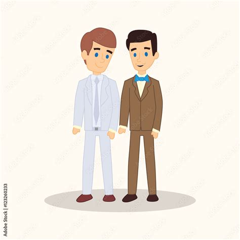 Gay Wedding Couple In Suits Vector Cartoon Style Illustration Same