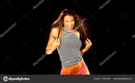 Black Wallpaper Sexy Brunette Black Stripped Top Stock Photo Raykehoe