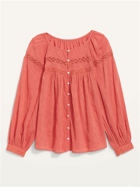 Long Sleeve Embroidered Lace Trimmed Blouse Old Navy