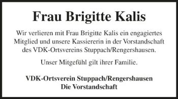 Traueranzeigen Von Brigitte Kalis Trauerportal Ihrer Tageszeitung