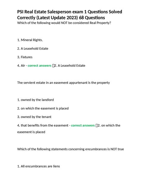 Psi Real Estate Salesperson Exam 1 Questions Solved Correctly Latest Update 2023 68 Ques