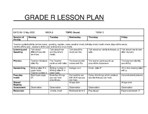 grade  term  lesson plan sound activities  week  studocu
