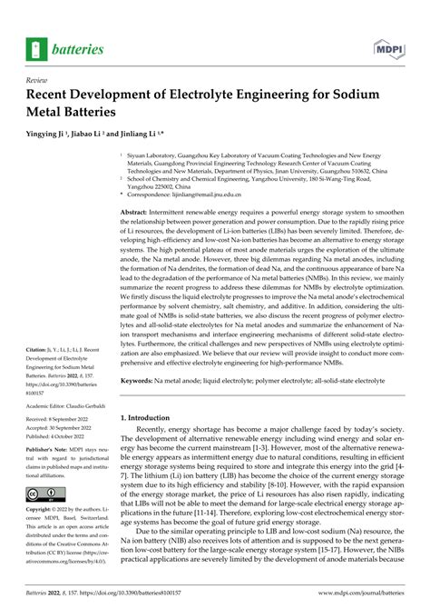 Pdf Recent Development Of Electrolyte Engineering For Sodium Metal