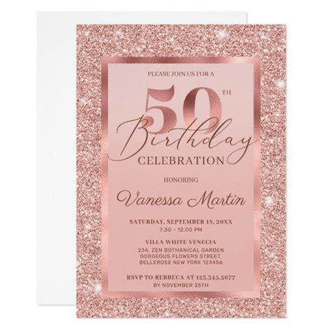 Elegant Chic Rose Gold Glitter Foil 50th Birthday Invitation Zazzle