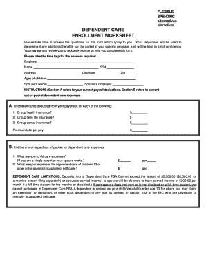 Fillable Online DEPENDENT CARE ENROLLMENT WORKSHEET Fax Email Print