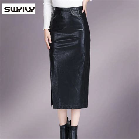 Long Skirts Black 2016 New Winter Long Pu Leather Skirt High Waist Big