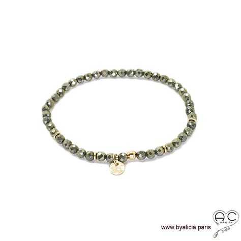 bracelet femme pyrite pierre naturelle pampille or création fait main