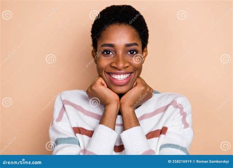 Photo Of Nice Millennial Brunette Lady Hands Face Wear White Sweater