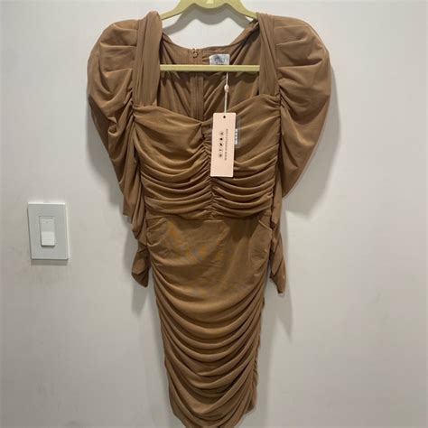 Oh Polly Dresses Ohpolly Sexy Nude Tan Mesh Puff Sleeve Sheer Dress