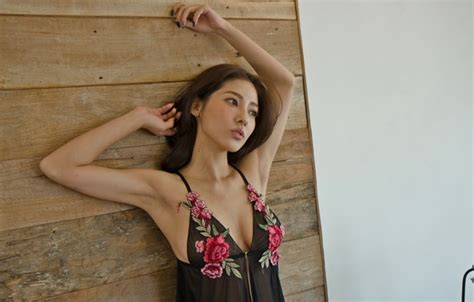 Wallpaper Wall Cleavage Asian Dress Wood Model Brunette Lamp For Mobile And Desktop