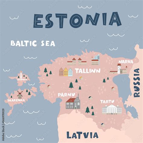 Estonia Map Flat Hand Drawn Vector Illustration Names Lettering And