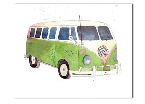 Volkswagen Bus Vw Kombi Van Mixed Media Art Watercolor