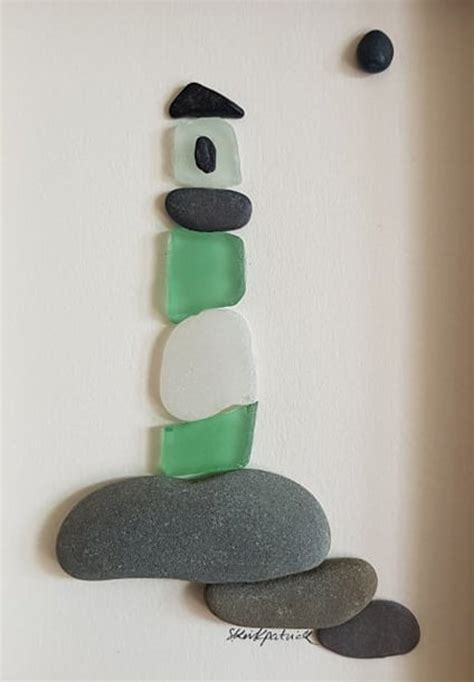 Sea Glass Lighthouse Pebble Art And Sea Glass Picture Framed Unique Handmade Green Lighthouse