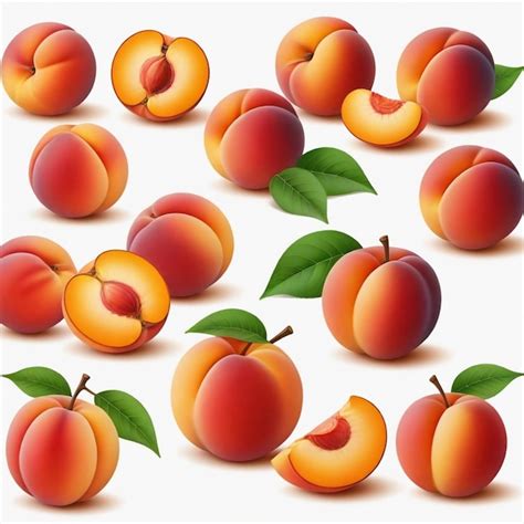 Premium Vector A Collection Of Peaches With Green Leaves And A White