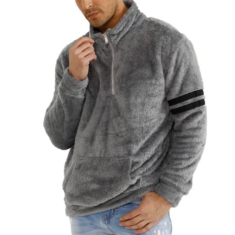 Gingtto Mens Fuzzy Sherpa Sweatshirt Fashion Pullover Fleece Hoodies Quarter Zip Grey Medium