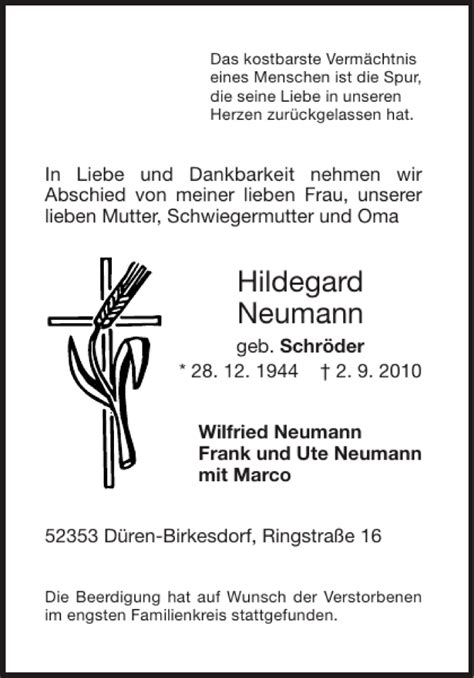 Traueranzeigen Von Hildegard Neumann Aachen Gedenkt