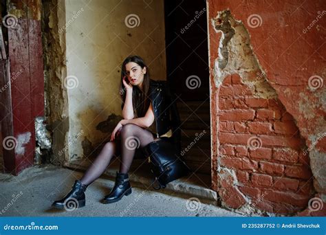 Stylish Brunette Girl Wear On Leather Jacket Stock Photo Image Of