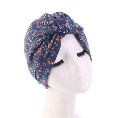 Bonnet Turban Satin Bleu Fleurs Chimio Perte De Cheveux Foulard Hijab