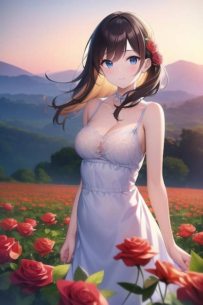 Premium AI Image | Anime girl in a white dress standing in a field of ...