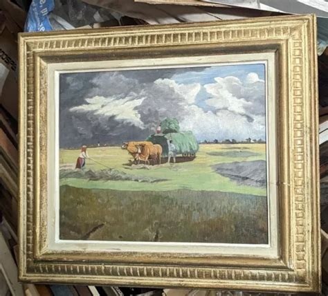 Tableau Ancien Huile Sur Toile Restaurer Les Foins Paysage Du Vexin