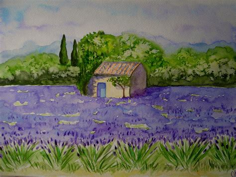 Peinture Aquarelle Paysage Le Cabanon Au Milieu Du Champ De Lavande