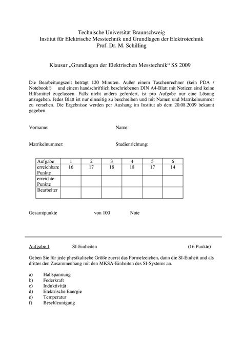 Klausur Fragen Technische Universität Braunschweig Institut für