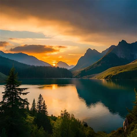 Premium AI Image | A mountain lake with a sunset in the background