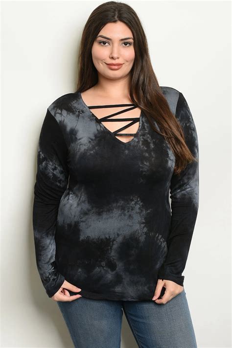 Tie Dye Lace Up Neckline Long Sleeve Top Women S Tie Long Sleeve Tops Plus Size Top