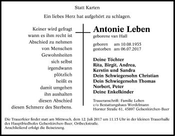 Traueranzeigen Von Antonie Leben Trauer In NRW De