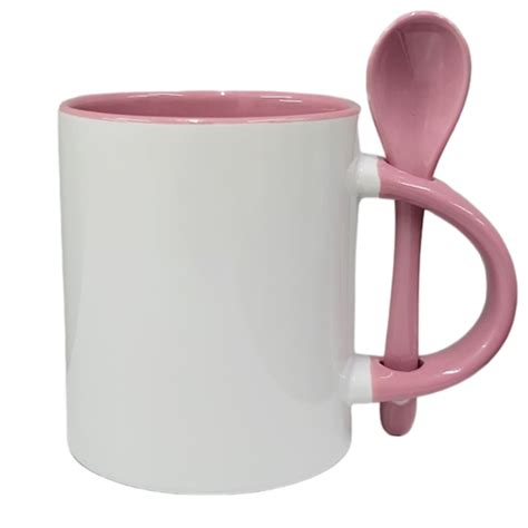 Caneca Cer Ml Branca C Colher Interna Rosa Reta Importada P