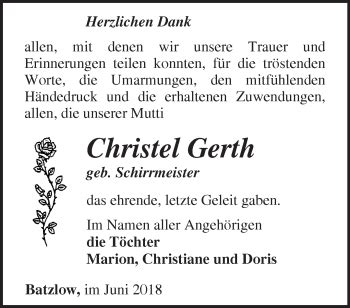 Traueranzeigen von Christel Gerth Märkische Onlinezeitung Trauerportal