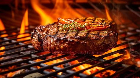 Premium Ai Image Grilling A Beef Steak Over An Open Flame With Smoky