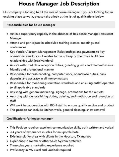 House Manager Job Description Velvet Jobs