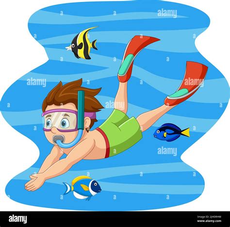 Cartoon little boy swimming and diving in underwater with tropical fish ...