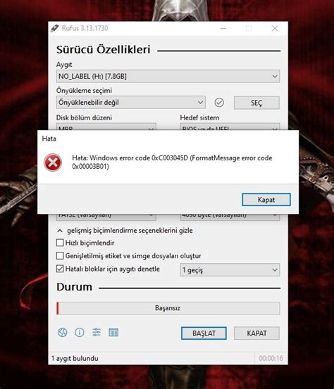 Rufus ile USB belleğe format atarken 0xC003045D hatası Technopat Sosyal