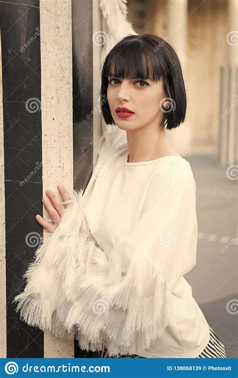 Sensual Woman With Red Lips Makeup In Paris France Woman With Brunette Hair In White Blouse