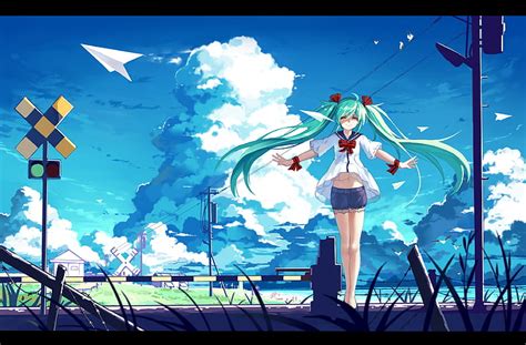 ボーカロイド、 初音ミク、 アニメの女の子、 ツインテール、 雲、 紙飛行機、 長い髪、 空、 風景、 アニメ、 Hdデスクトップの壁紙