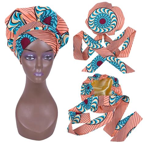 African Print Satin Bonnet With Long Ribbon Wrap Double Layer Head Wrap