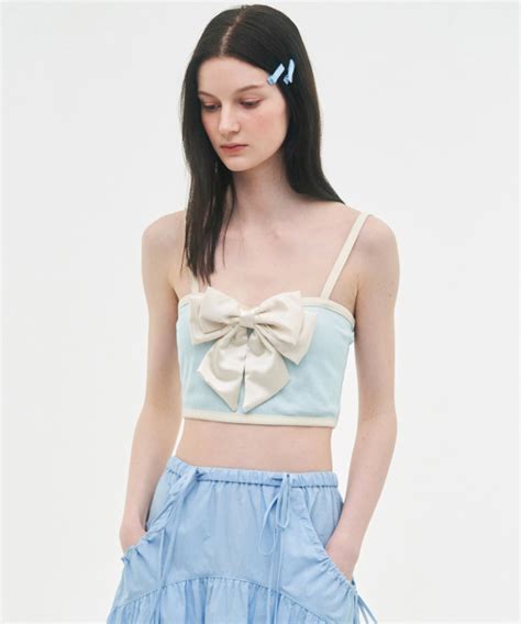 MUSINSA LIE MEQUE Silky Ribbon Sleeveless Crop Top Blue