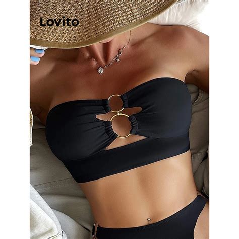 Lovito Sexy Plain Cut Out Buckle Bikini Top For Women Lnl Black